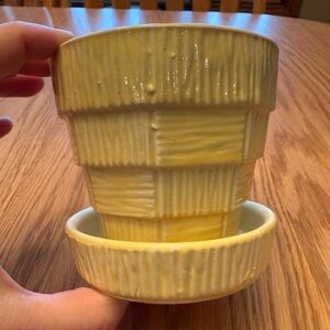 Vintage McCoy Textured Yellow Ceramic Planter with Saucer Bottom